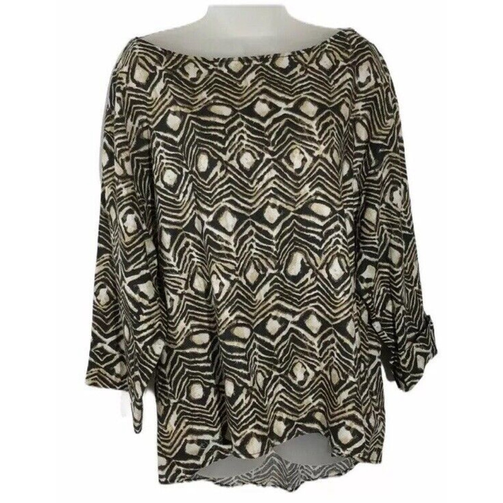 Jones NY Womens Linen Top Large Black and Tan‎ Tribal Print Lagenlook Oversized
